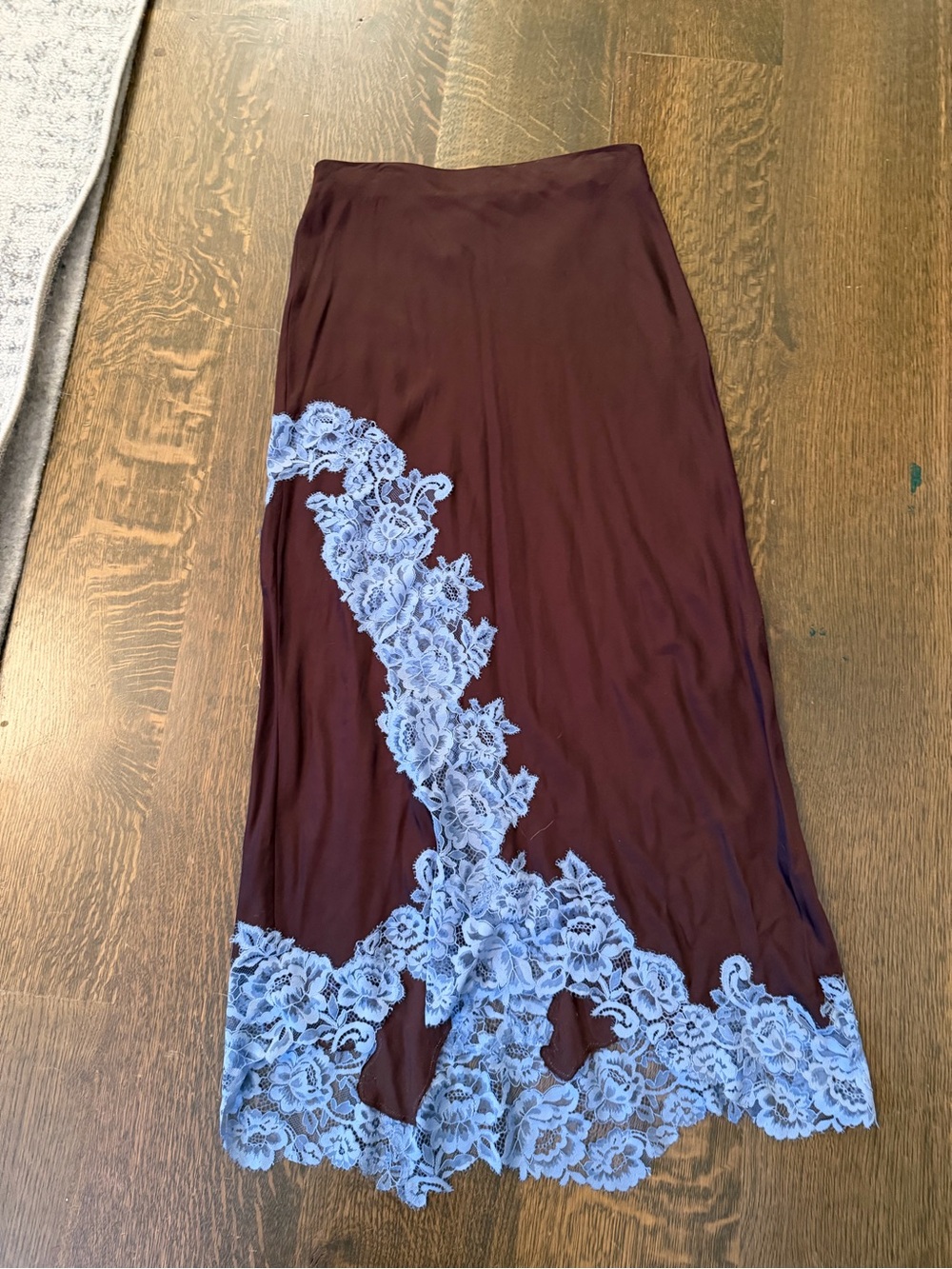 A.L.C. Burgundy Midi Slip Skirt with Light Blue Lace Trim